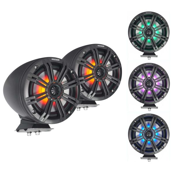 (2) KICKER KMFC65 6.5  195w Marine LED Speakers in Surface Mount Pods 46KMFC65 For Sale