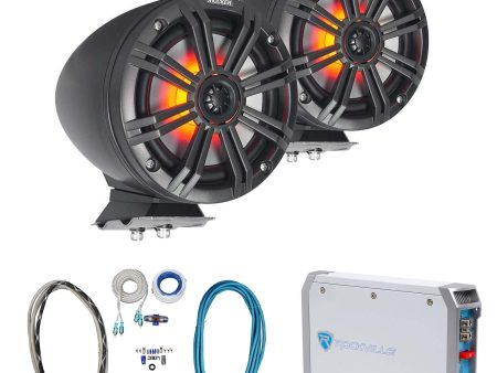 2) KICKER KMFC65 6.5  195w Black Marine LED Surface Mount Speakers+Amp+Wire Kit Supply