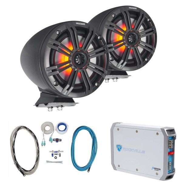 2) KICKER KMFC65 6.5  195w Black Marine LED Surface Mount Speakers+Amp+Wire Kit Supply