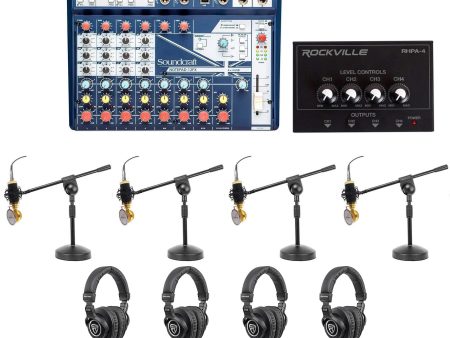 Soundcraft 4-Person Podcast Podcasting Recording Kit Mics+Headphones+Boom Stands Supply