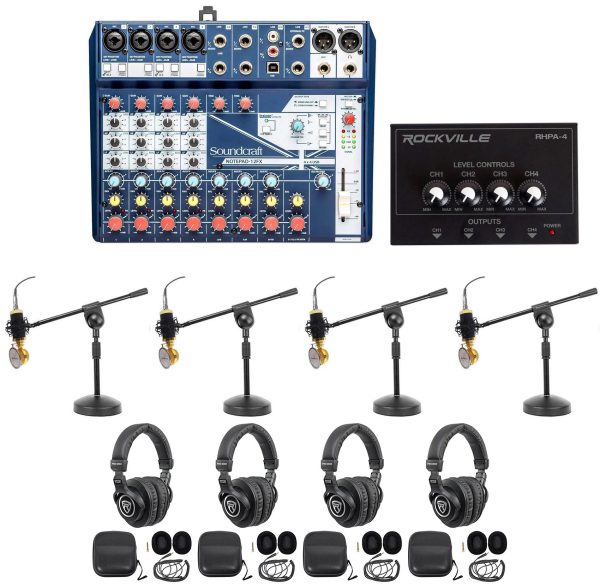 Soundcraft 4-Person Podcast Podcasting Recording Kit Mics+Headphones+Boom Stands Supply