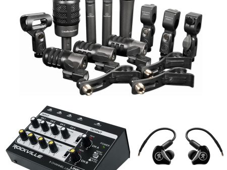 Audio Technica ATM-DRUM7 Drum Microphones Mics Kick Snare Tom Overheads Bundle with Monitors For Cheap