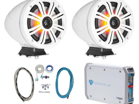 2) KICKER KMFC65 6.5  195w White Marine LED Surface Mount Speakers+Amp+Wire Kit Sale