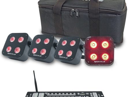 Rockville 4 PACK MINI RF4 V2 BLACK DJ Wash Up Lights+App+Wireless DMX Controller Supply