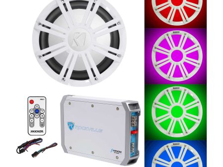 KICKER 45KM104 10  350w Marine Boat Subwoofer+Amp+White Grille w LED s+Remote Online now