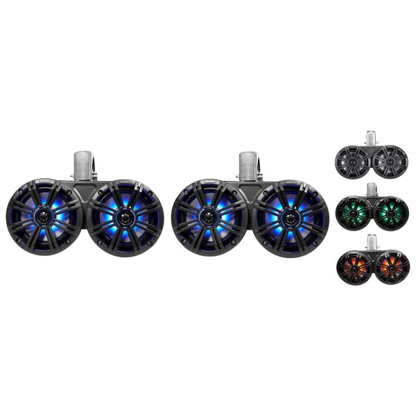 (4) KICKER 45KMTDC65 Dual 6.5  Marine Wakeboard Tower LED Speakers+Receiver+Amp Discount