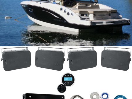 Rockville RGHR2 Marine Boat Receiver w Bluetooth USB+(4) 6.5  Black Box Speakers +Amp Online