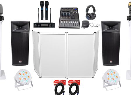 DJ Package w Dual 15  Speakers+Mixer+Mics+Headphones+Facade+Lights+Totem Stands Discount