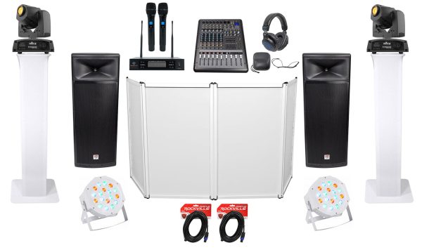 DJ Package w Dual 15  Speakers+Mixer+Mics+Headphones+Facade+Lights+Totem Stands Discount