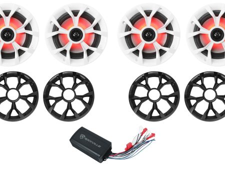 (4) Rockville RKL65MBW 6.5  Speakers w LED+PS40 Bluetooth Amp For ATV UTV RZR For Discount