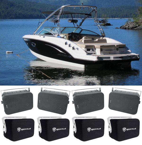 (4) Rockville HP65S-8 6.5  Black Marine Box Speakers+Swivel Brackets+Covers For Boats For Sale