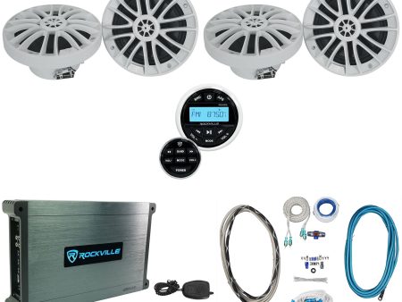 (4) Rockville RM-PREMIUM-65 WHITE 6.5  600w Marine Boat Speakers+Amp+Receiver Cheap