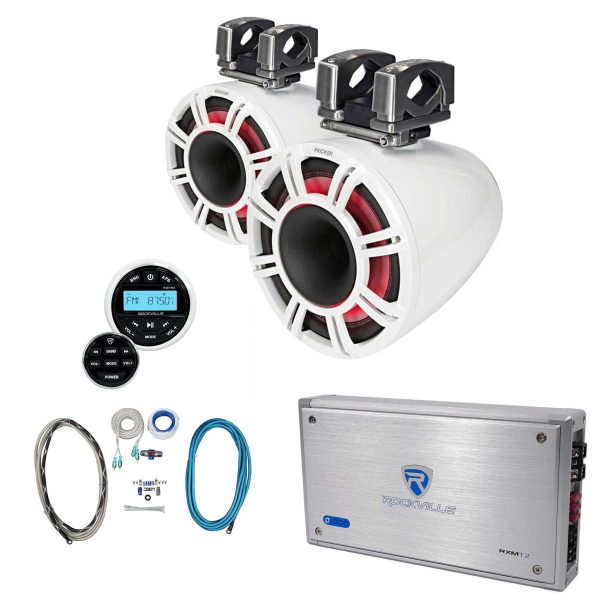 2) KICKER KMTC11 11  600w White Wakeboard Tower Speakers+Bluetooth Receiver+Amp Discount