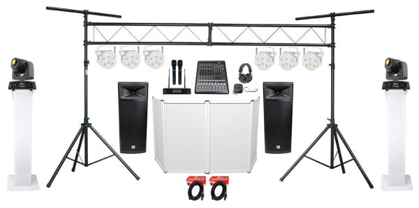 DJ Package w Dual 15  Speakers+Mixer+Mics+Headphones+Facade+Lights+Totems+Truss For Sale