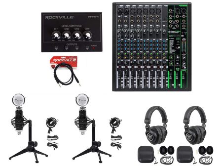 2-Person Podcast Podcasting Recording Kit w Mackie ProFX12 v3 Mixer+Desk Stands For Discount