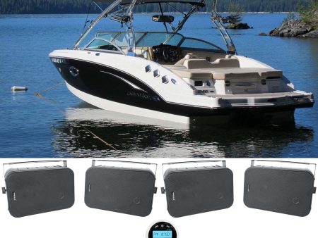 Rockville RGHR2 Marine Gauge Boat Receiver w Bluetooth USB+(4) 6.5  Black Box Speakers Sale