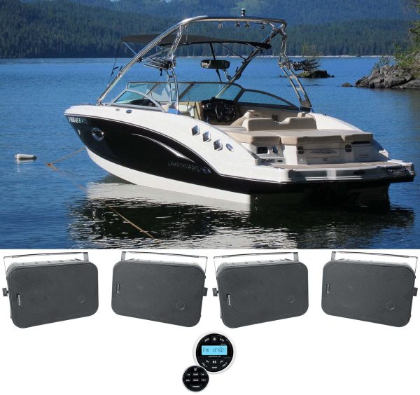 Rockville RGHR2 Marine Gauge Boat Receiver w Bluetooth USB+(4) 6.5  Black Box Speakers Sale