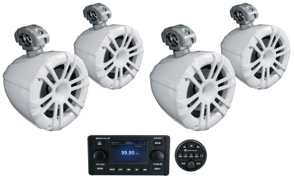 (4) Memphis MXA82TW White 8  Marine Wakeboard Tower Speakers+Single-Din Receiver For Cheap