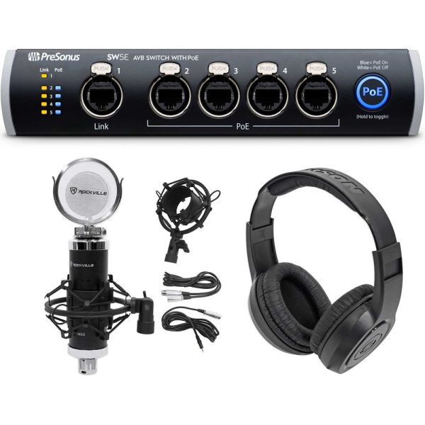 PRESONUS SW5E 5-Port AVB Switch, PoE, Rack Mountable+Studio Mic+Mount+Headphones Cheap