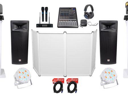 DJ Package w Dual 15  Speakers+Mixer+Mics+Headphones+Facade+Up-Lights+Totems Online Sale