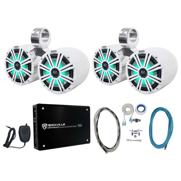 2) Dual KICKER 45KM84L 8  1200w Marine Boat LED Wakeboard Speakers+Amplifier+Kit on Sale