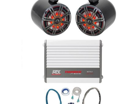 2) KICKER KM65 6.5  Black Marine Wakeboard Tower LED Speakers+MTX Amplifier+Kit Supply