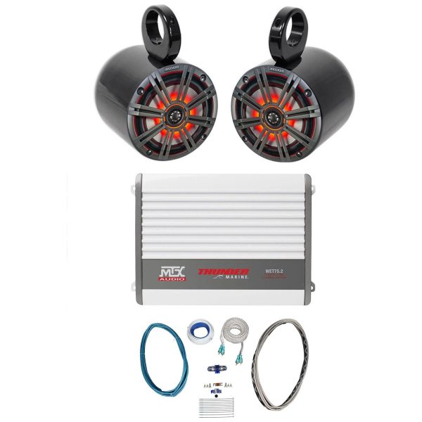 2) KICKER KM65 6.5  Black Marine Wakeboard Tower LED Speakers+MTX Amplifier+Kit Supply