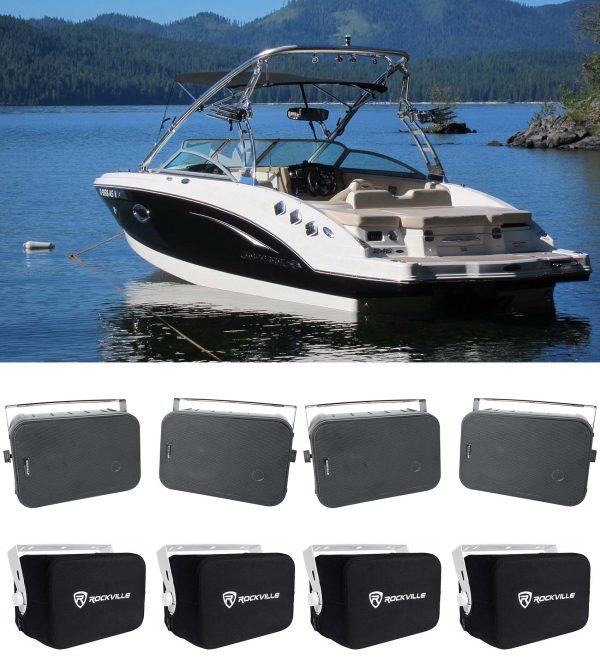 (4) Rockville HP65S 6.5  Black Marine Box Speakers w  Swivel Brackets+Covers For Boats on Sale