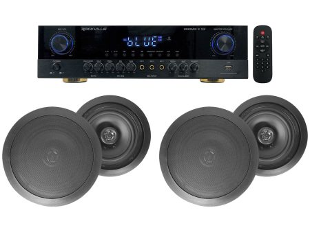 Rockville SINGMIX 5 Bluetooth Home Receiver Amp+(4) 6.5  Black Ceiling Speakers on Sale