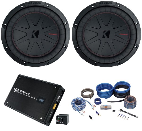 (2) Kicker 48CWR104 COMPR10 10  1600 Watt Subwoofers+Mono Amplifier+Amp Kit Supply