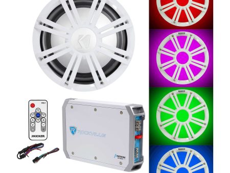 KICKER 45KMF104 10  Free Air Marine Subwoofer+Amp+White Grille w LED s+Remote For Sale