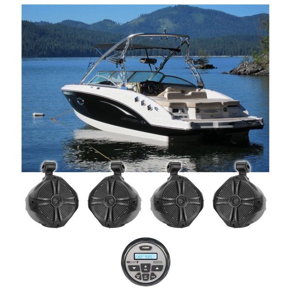 (4) Rockville 8  600w Marine Wakeboard Tower Speakers+Bluetooth Gauge Receiver For Cheap