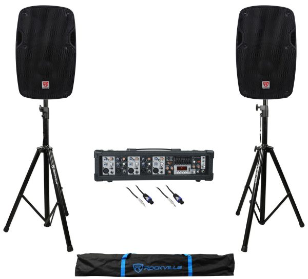 (2) Rockville SPG88 8  400w DJ PA Speakers+5-Channel Powered Mixer+Stands+Cables Online Sale