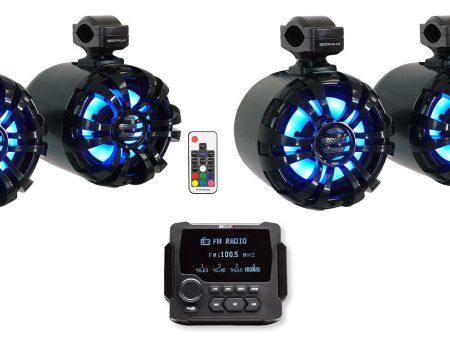 MB Quart GMR-LCD Marine Boat Bluetooth Receiver+4) Black 6.5  LED Tower Speakers For Sale